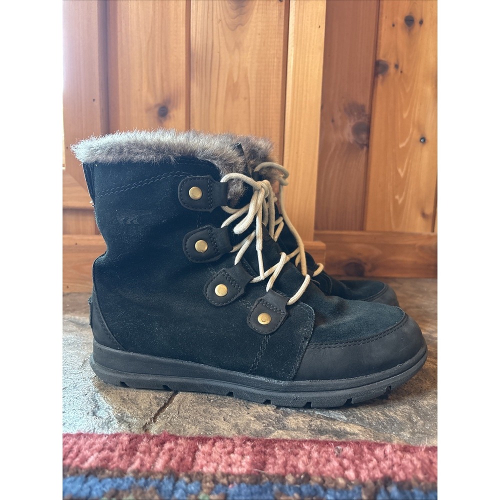 Sorel Explorer Joan Women's 8.5 Waterproof Black Suede Faux Fur Winter Boots